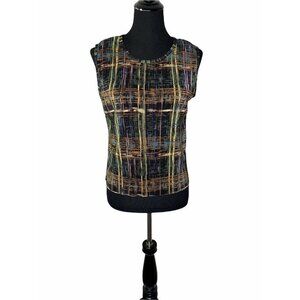 Plisse Vintage Womens Multicolor Sleeveless Geometric Round Neck Pullover Blouse